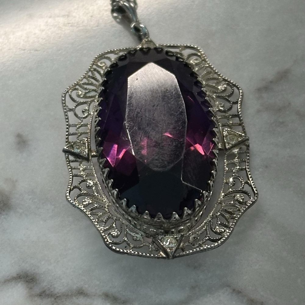 Antique Victorian Edwardian Sterling Filigre Amethyst Paste Pendant Necklace Lot - Picture 7 of 10